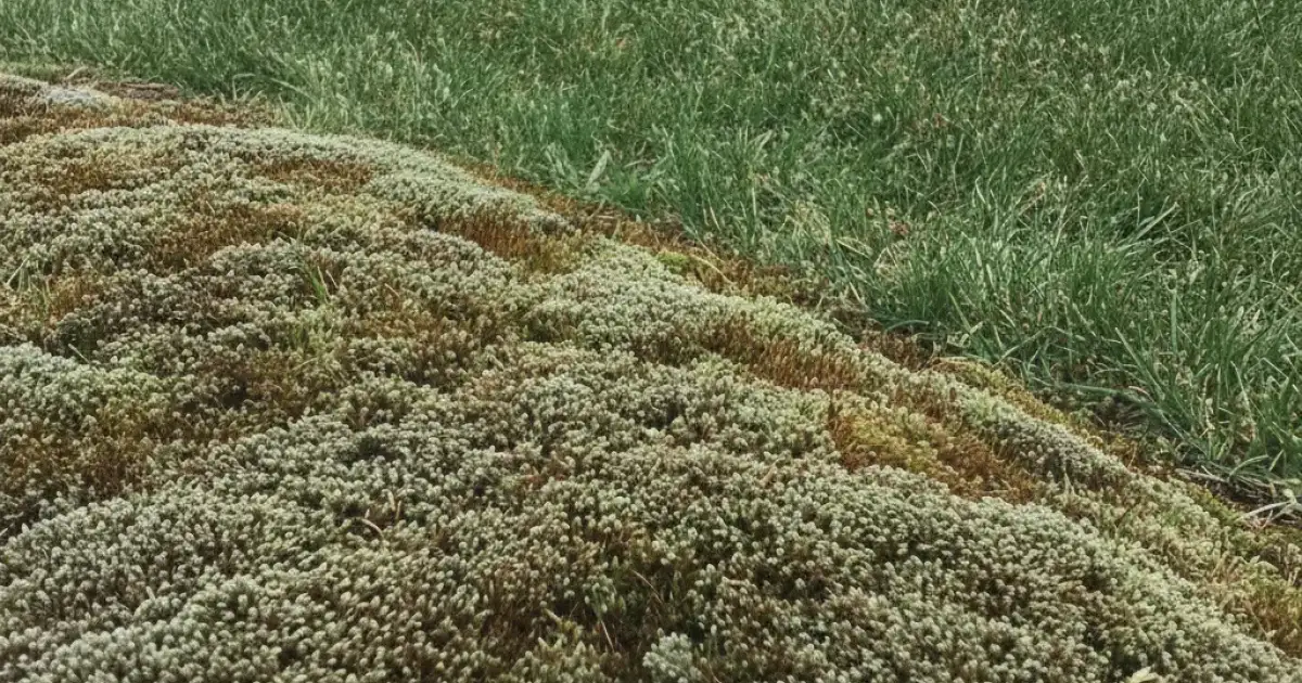 Pelouse présentant une zone de mousse dense au premier plan et de l'herbe saine à l'arrière