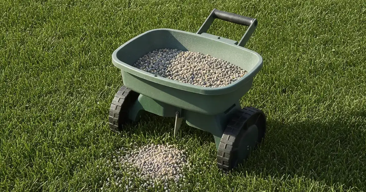 Épandeur à main posé sur une pelouse, granulés d'engrais visibles dans la trémie